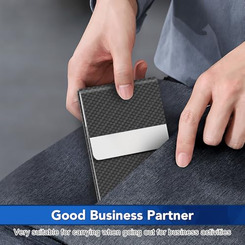 Image of Business Card Holder, Metal Slim Business Card Case, Pocket Card Holder for Women or Men, PU Leather Business Card Holder Case RFID Blocking Name Card Holder with Magnetic Closure, Black Carbon