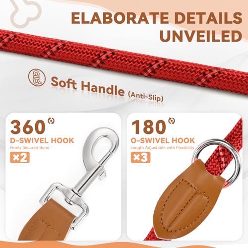 Hundeleine 3 M Verstellbare Schleppleine für Mittel- & Großhunde(20-60kg), Reflektierende Freihandleine mit 2 Karabiner, Doppelleine aus Robustem Nylon, 200 kg Extreme Kraft