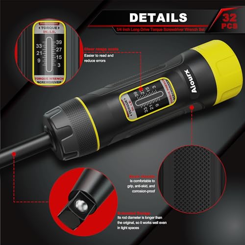 Image of Long Shank Torque Screwdriver Set, 3-39 Inch Pounds lbs, 32 Piece 1 /4 inch Drive Torque Screwdriver Wrench with S2 Steel Bits for Bicycle Mechanics, Mechanical Equipment, and Mounting