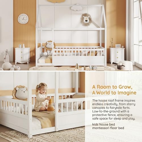 Image of Bellemave Kids Full Size Floor Bed with House Roof Frame and Safety Fence, Wooden Montessori Bed, Low Profile Playhouse Bed for Boys Girls Bedroom (White)
