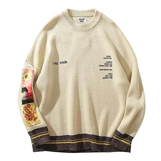 Aelfric Eden Mens Long Sleeve Van Gogh Printed Cable Knit Sweaters Casual Oversized Sweater Pullover Beige