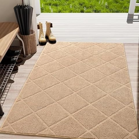 LOCHAS Beige Indoor Door Mat 35x59 Inch, Rubber Backing, Washable Absorbent Chenille Doormat, Low-Profile, Non Slip Microfiber Entrance Mat, Quick Dry Resist Dirt Front Welcome Mats for Entryway Home Cover