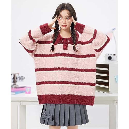 Autumn Wool Polo Collar Sweater, Striped Color Matching Casual Loose Sweater2