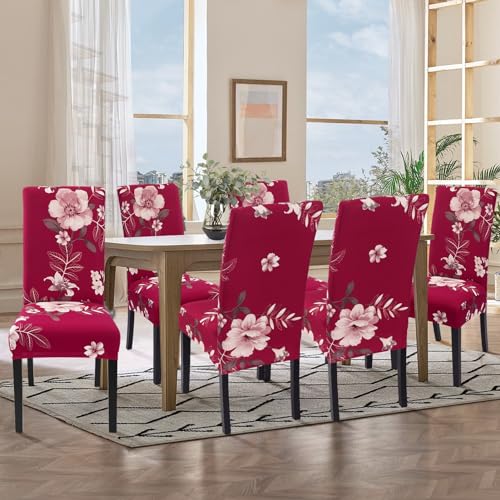 Image of SearchI Dining Room Chair Covers Slipcovers Set of 4, Spandex Super Fit Stretch Removable Washable Kitchen Parsons Chair Covers Protector for Dining Room,Hotel,Ceremony,Red+Flowers