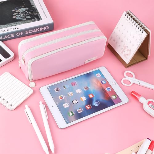 Image of iSuperb 3 Compartments Pencil Case Pouch Big Capacity Pencil Holder for Kids Teen Girls Boys Student School Supplies Oxford Stationery Storage Cosmetic Case (Pink)