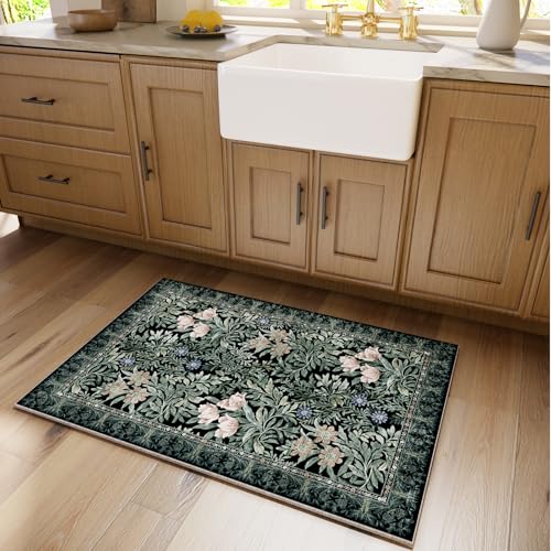 Image of Washable Entryway Area Rugs 2x3 Black Green Vintage Floral Botanical Pattern,Perfect for Soft Door Mat Indoor Entrance, Ultra-Thin Easy Clean Small Throw Carpet for Bedroom Bathroom