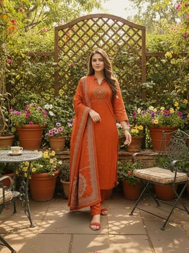 Image of ANNI Designer Women's Rayon Viscose Straight Embroidered Kurta with Pant and Dupatta | Ethnic Kurta Set for Festive, Office