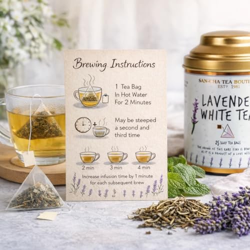 Image of Sancha Tea Boutique, Lavender White Tea, 25 Pyramid Tea Bags | Calming Floral Blend of White Tea, Lavender & Mint | Antioxidant-Rich Relaxation Tea