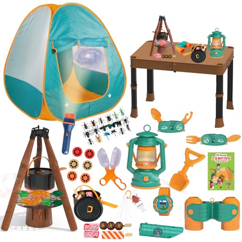 Qtioucp Kids Camping Set 50pcs with Folding Storage Table/Tent & Children’s Projector Flashlight- Outdoor Campfire Toy Set for Toddlers Kids - Pretend Play Camp Gear Tools for Birthday Christmas