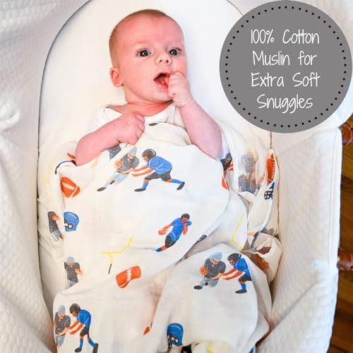Image of LollyBanks Swaddle Blanket 100% Muslin Cotton, 47 x 47 inches Soft Breathable Muslin Baby Swaddles for Boys, Baby Essentials, Registry and Gift (Football Print), Touchdown