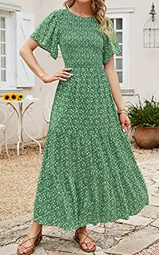 Image of PRETTYGARDEN Women's 2026 Summer Casual Flutter Short Sleeve Boho Floral Maxi Dress Crew Neck Smocked Tiered Long Dresses