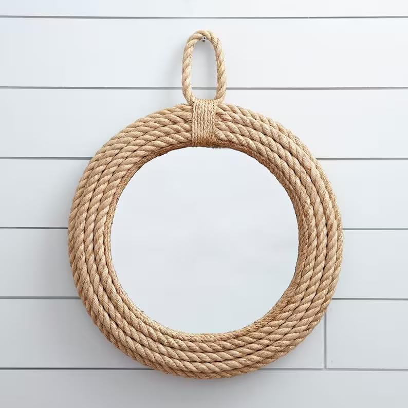 Image of 30 inch Round Wall Mount Mirror with Hook, Brown, Vintage Rope, Easy to Hang, Perfect for Bathroom, Bedroom, Living Room, Hallway