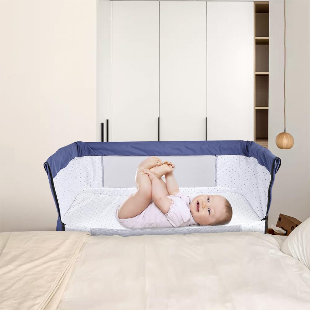 WODFARR Lit Cododo 2 en 1, Lit pour Nouveau-né, 0-6 Mois, 4 Niveaux de Réglage en Hauteur, Berceau Bébé avec Matelas Confortable, Couffin, Moustiquaire (105x52x103-115 cm - Bleu Marine)