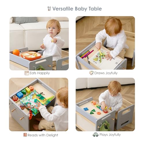 Image of Montessori Weaning Table and Chair Set, Adjustable Toddler Table, Grey | Adjustable Wooden Design for Meals, Learning, Play, and Everyday Routines