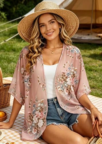 Image of FINOCEANS Womens Floral Chiffon Kimono Cardigans Loose Beach Cover Up Half Sleeve Tops