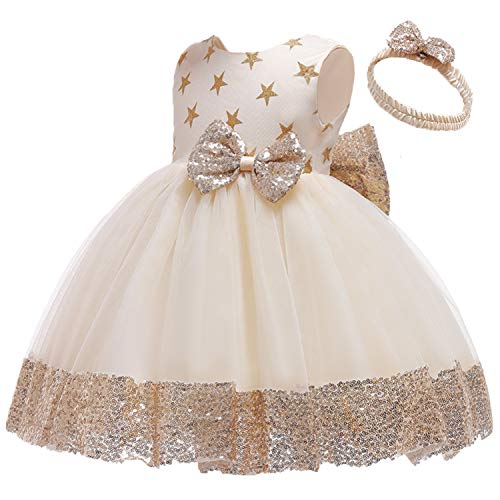 Baby Girls Sequins Dresses Toddler Lace Ruffles New Year Tutu Dress With Headwear (Star+Champagne,80) #TOP3