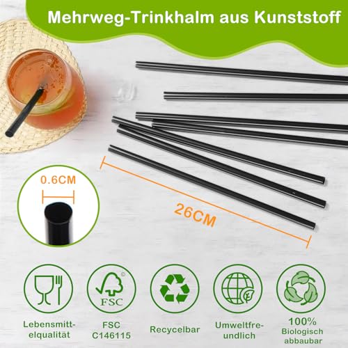 HomeGarden Wiederverwendbare Schwarze Trinkhalme (100 Stück) - 26 cm x 6 mm Biologisch Abbaubar & Kompostierbar - Ideal für Getränke, Cocktails, Events und Partys - Farbe Schwarz