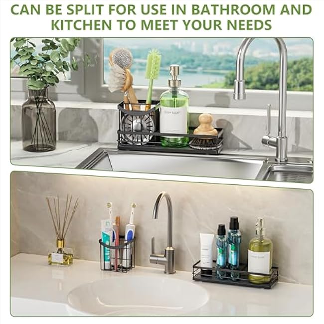 Cisily Sink Caddy Organizer with Drying Stone, Instant Dry Sponge Holder, Sink Brush Holder for Countertop, Kitchen Storage Organizer and Accessories, Black