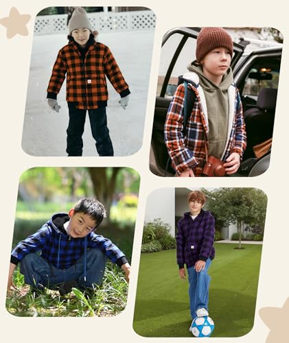 Image of V VALANCH Boys Flannel Jacket Hooded Fleece Lined Zip-up Hoodies Plaid Coat for Kids