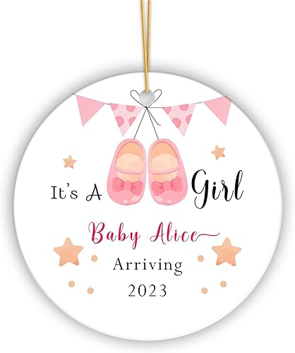 Adorno personalizado con nombre de niña, adornos de Navidad personalizados para revelación de género, adorno de Navidad para bebé, adorno de