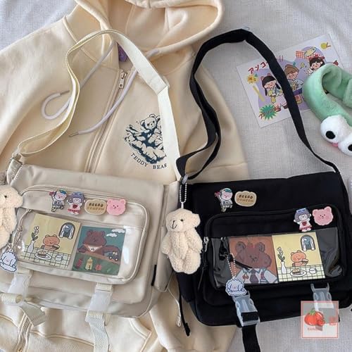 Image of Kawaii Crossbody Ita Bag for Women with Pin & Plush Bear - Japanese Messenger Bags Y2K Shoulder Purse