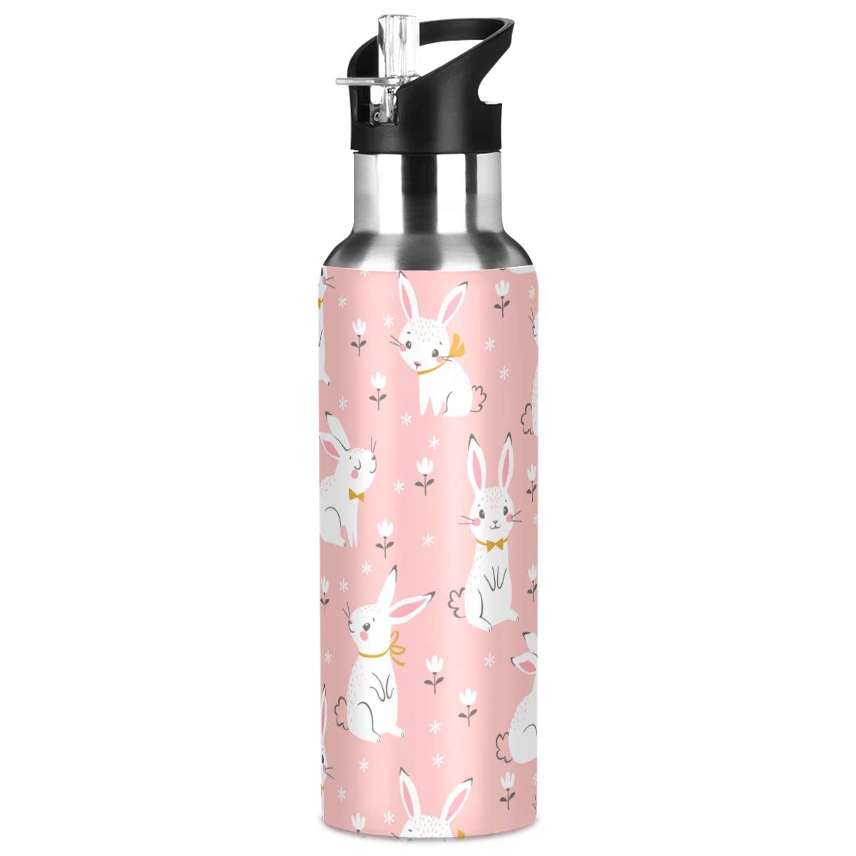 Edelstahl-Wasserflasche mit Strohhalm, weißer Kaninchen rosa isolierte Trinkflasche Sport Wasserflasche für Kinder Erwachsene, auslaufsicher, 1L