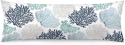 Funda de almohada corporal con temática de playa, azul náutico, coral, océano, costero marino, protector de almohada largo con cremallera, fundas de