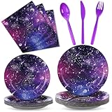 Funrous 150 Pieces Galaxy Party Supplies Space Party Tableware Set Galaxy Paper Plates Napkins Spoon Knife Forks Solar System Plates for 25 Guests Galaxy Birthday Party Decoration