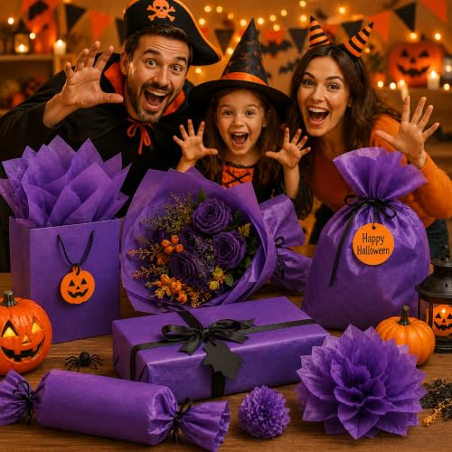 Image of Purple Tissue Paper - 100 Sheets Gift Wrapping Paper for Halloween Decor | Halloween Decorations for Gift Bags Boxes - Gift Wrapping Tissue Paper Bulk for DIY Crafts Wedding | Halloween Party Supplies