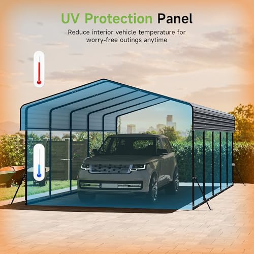 Image of Real Relax 13' x 26' Metal Carport, Heavy Duty Carport with Galvanized Steel Roof with Metal Frame, Extra Long Outdoor Garage Car Shelter Shade for SUV Trucks and Boats, Gray
