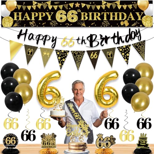 Image of 66th Birthday Decorations for Men, Black Gold 66th Party Decoration Kits | 27pcs Happy 66th Birthday Set, Banner, Honeycomb, Balloons, Gold Number, Candle, Hanging Swirls, Cake Topper, Party Supplies