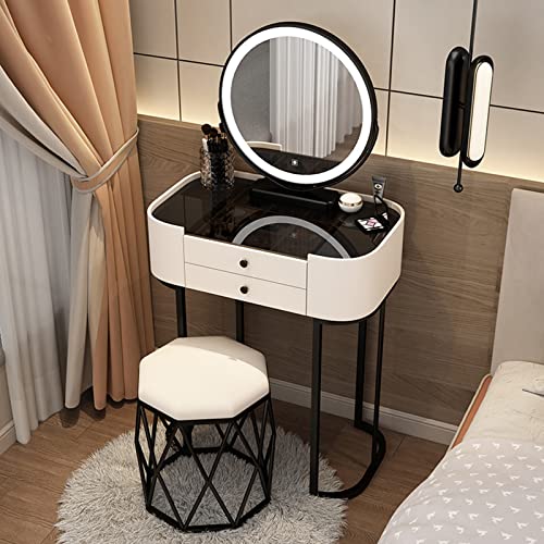 Moderno juego de tocador con espejo iluminado, tocador para dormitorio, taburete acolchado, 2 cajones grandes, parte superior de vidrio templado negro, idea de regalo para mujer (blanco y negro, 50