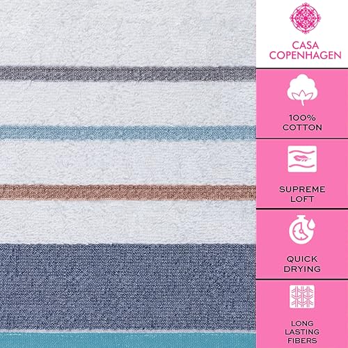Image of Casa Copenhagen, Germany Design - White Bay Super Soft Collection 100% Cotton 6 Piece Towel Set, Includes 2 Bath Towels 2 Hand Towels 2 Washcloths - Grey & Denim