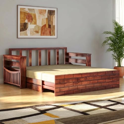 Image of Amazon Brand - Solimo Sheesham Wood Italian 3 Seater Sofa Cum Bed with Drawer and Side Pocket Storage | Wooden Bed with Cushion | Multipurpose Sofa Furniture for Home & Living Room (Honey Finish)