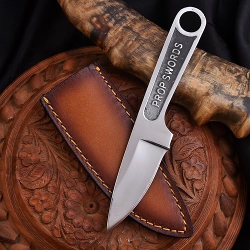 Prop Swords Wrench Handle EDC Fixed Blade Knife with Kydex Sheath Stainless Steel Compact Utility Knife for Camping Bushcraft Hiking Survival Gear Lightweight Neck Knife (Leather Sheath)