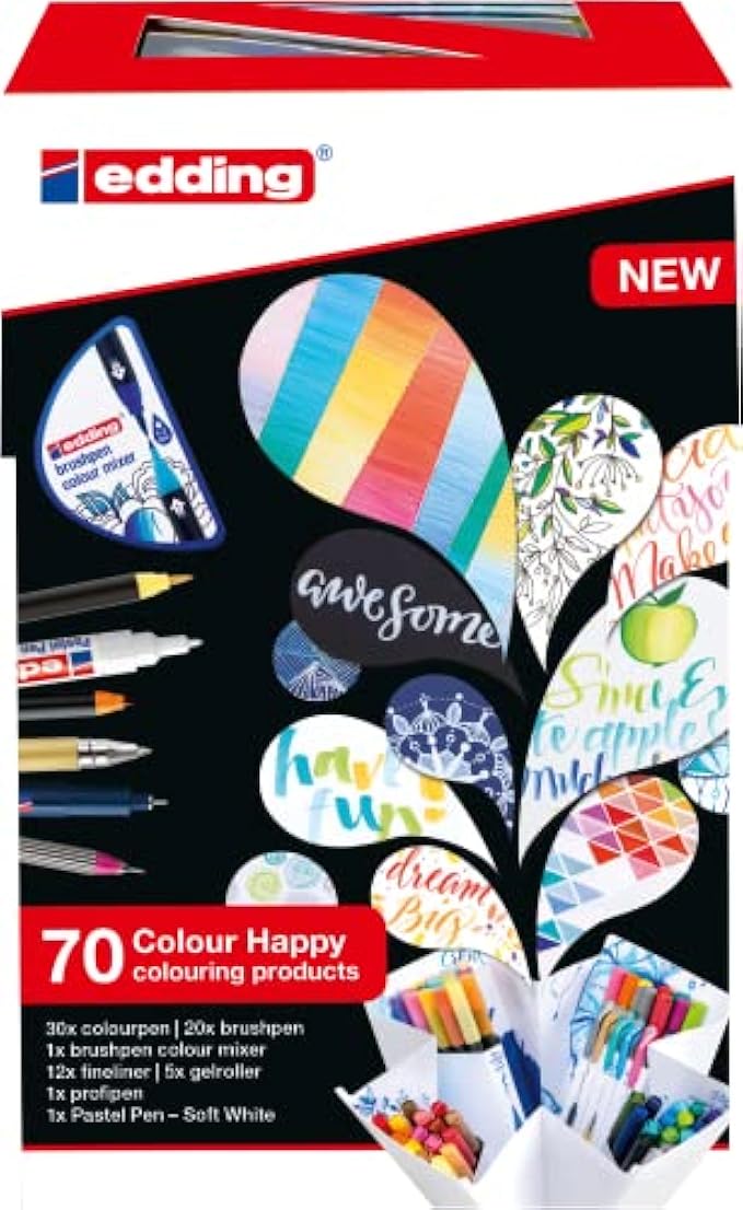 edding Color Happy Big Box - set of 70 - brush pens, color pens, gel roller, pastel pen, fineliner - gradient color mixer - big set - for drawing, painting, hand lettering, bullet journals