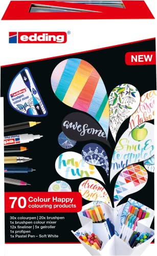 edding Color Happy Big Box - set of 70 - brush pens, color pens, gel roller, pastel pen, fineliner - gradient color mixer - big set - for drawing, painting, hand lettering, bullet journals
