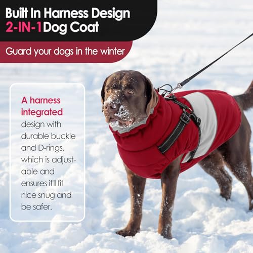 Image of AOFITEE Dog Winter Coat, Dog Coat with Harness Built in, Dogs Jacket for Large Dogs, Reflective Waterproof Pet Puffer Jacket Snowsuit, Warm Fleece Windproof Pet Sweater for Cold Weather, XL