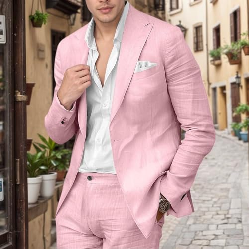 Mens Linen Suit Slim Fit 2 Piece Set Linen Suits for Men Beach Wedding Suit for Groom One Button Blazer Pants2
