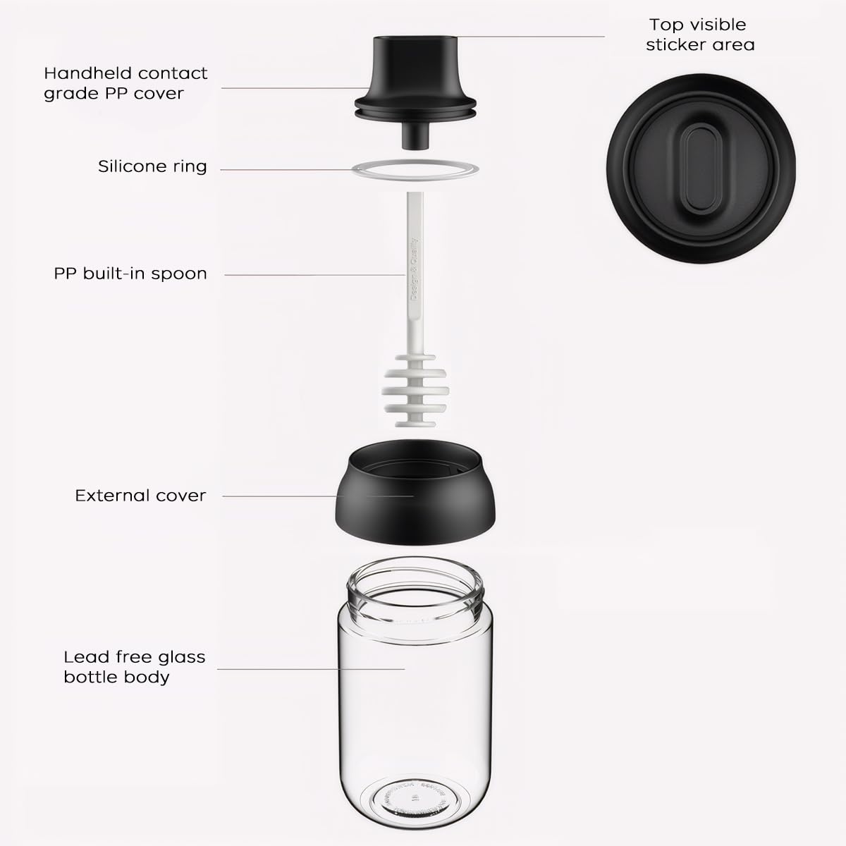 Butelki na miód z uszczelką łyżeczkową, 250 ml, duży miód, przezroczysta pieczęć, pojemnik na przyprawy, do kuchni, grillowania na świeżym powietrzu, BBQ, gotowania。