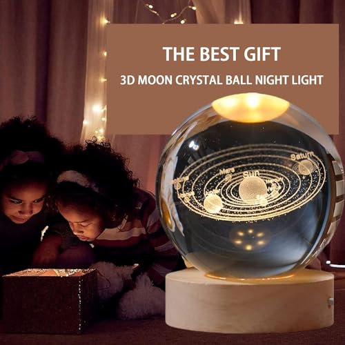 Image of PIXSHINE 3D Galaxy Crystal Ball Planet Ball Night Light with Warm White Dimmable LED Wooden Base - Decorative LED Lamp for Home, Office, Bedroom (3D Galaxy Crystal Ball)