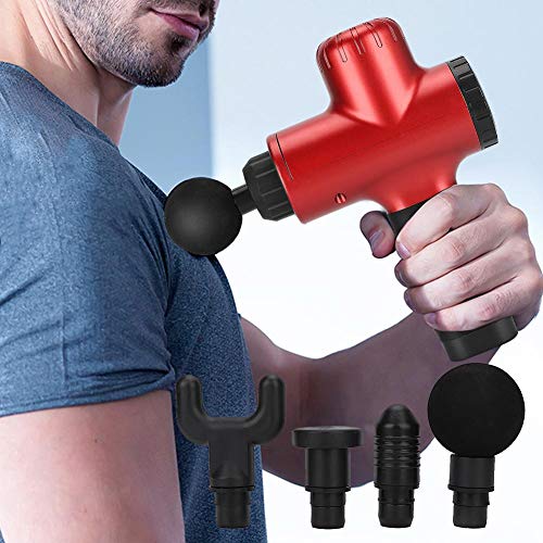 Muscle Massage Gun, Percussion Massage for Athletes Deep Tissue Massager Impact Device Handheld Muscle Electric Gun with 6 Adjustable Speed and 4 Heads Helps Relieve Soreness (RED)