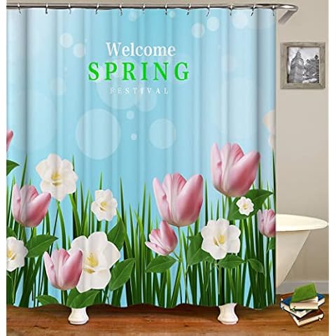 Fabric Shower Curtain, Spring Pink Flower Green Planting Hand Painted Welcome Spring Polyester Designer Cloth, Print Decorative Bathroom Curtains Include Hooks Set(72〃w by 72〃L) (WJ642) Cover