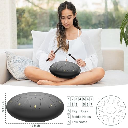 Image of Large Steel Tongue Drum Handpan: 12 Inches 13 Notes Rain Drums for Outside Garden, Meditation Hand Pan with Music Book, Mallets and Carry Bag, Musical Instrument for Adult Kid Gift (Black)