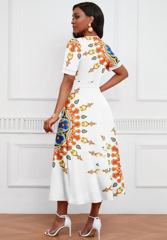 Image of MarryUP Women's Midi Dresses - V Neck Cocktail & Church Tea Dresses - Short Sleeve A-Line Swing Dress