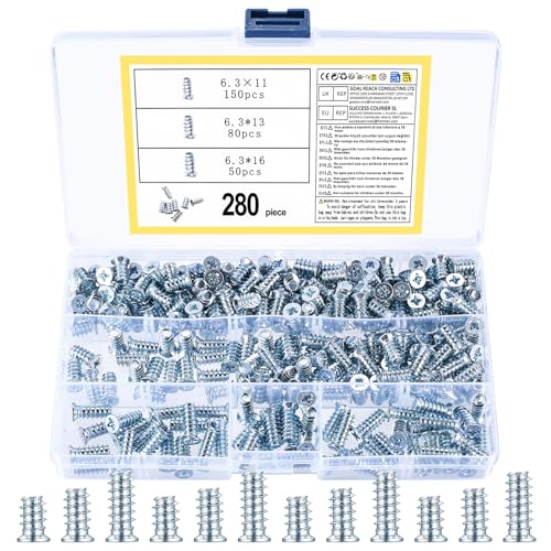 280Pcs Tornillo Union Muebles, Tornillo Euro para Mueble, Tornillos Europeos de Cabeza Avellanados Plana, Tornillos para Armario Alacena Gabinetes Bisagras Cocina, 6,3 x 11/13/16 mm