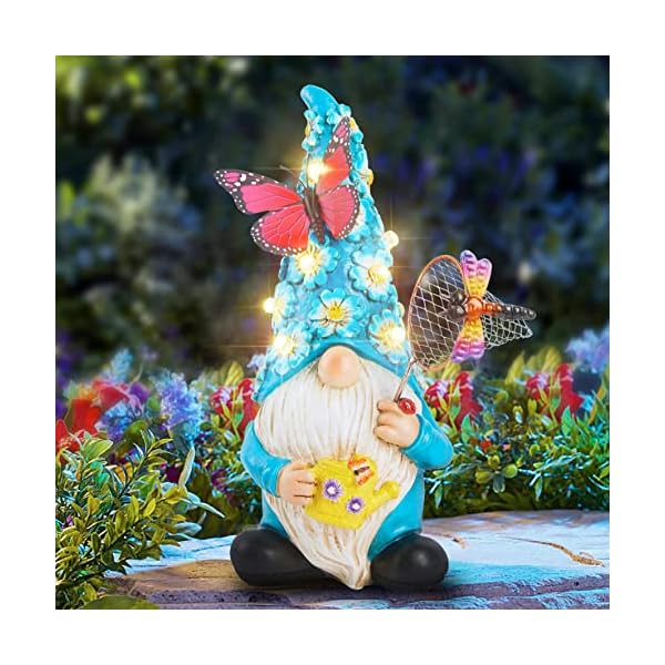 Foreby Garden Gnome Statues Outdoor Decor Solar Gnomes Statue,Garden Gnomes Decor with Butterfly on LED Lighted Flowers, Gnomes Sculpture for Patio Yard Lawn Onament Decoration