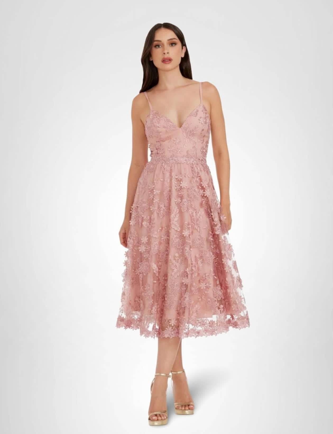 Dress The Population Womens Tahani Plunge Neckline Fit and Flare Midi DressDress: Large Blush