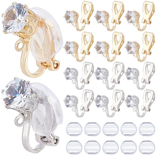 SOFPLATE 1 Box 32Pcs Gold Earring Converter Silver Earrings Clip Back Brass Non Pierced Triangle Earring Component with Crystal Rhinestone and Pads Clip on Earring Findings for jewellery Making Suppli