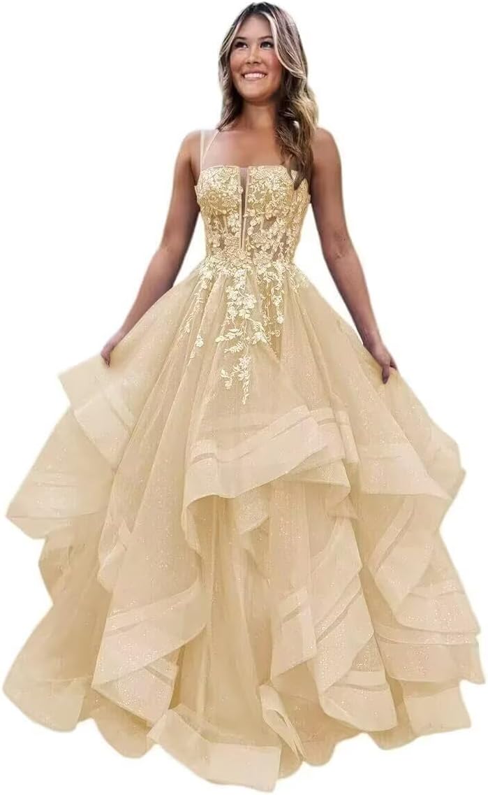 Sparkly Tulle Prom Dresses Long Ball Gown for Women 2026 Lace Applique Tiered Formal Evening Gowns for Teens